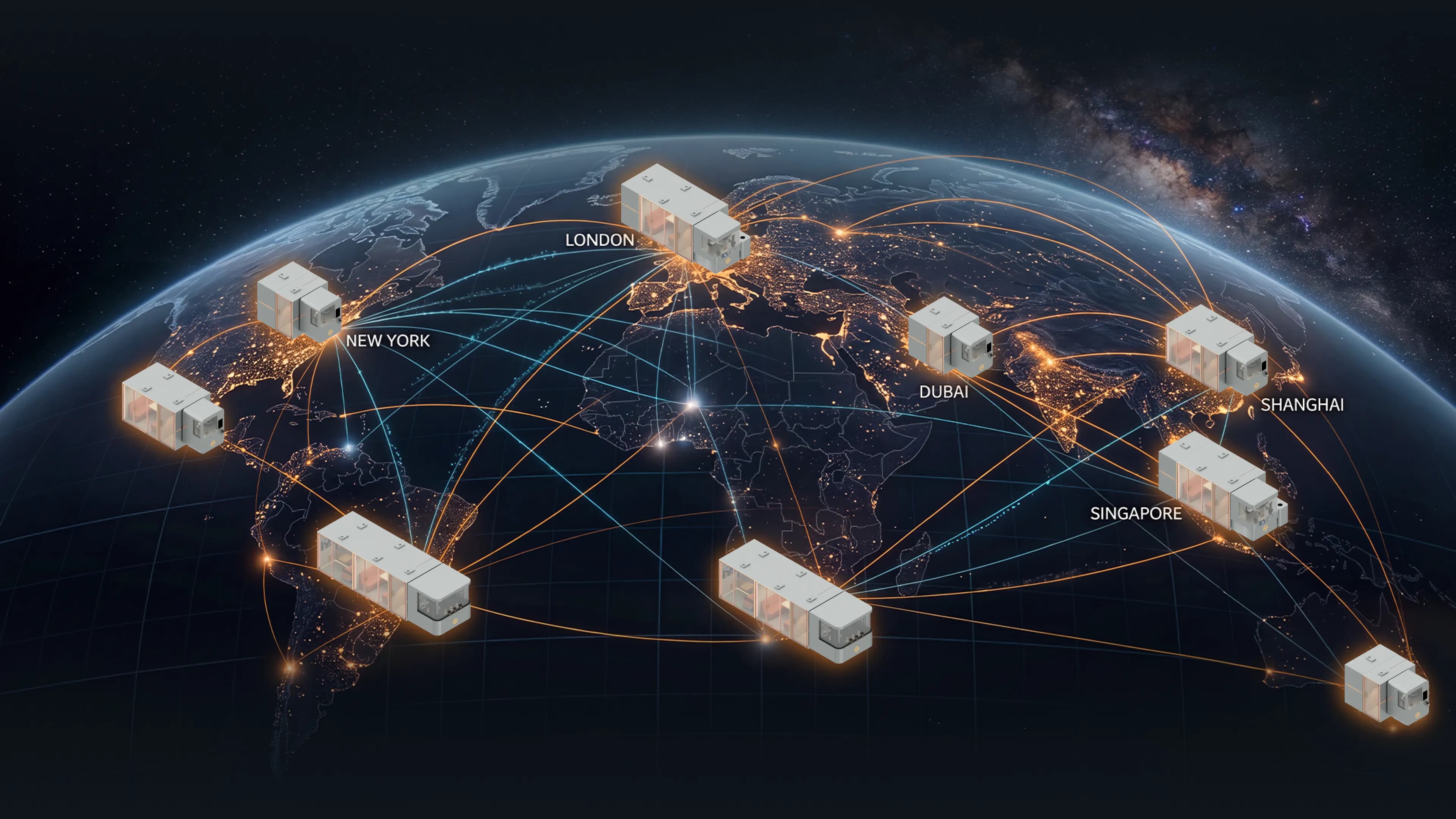 VEGA nodes connected across New York, London, Dubai, Shanghai and Singapore